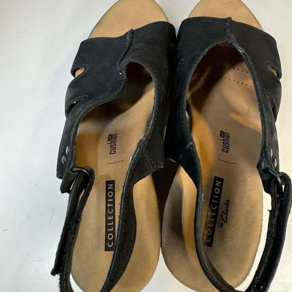 Clarks Sandals Womens Sz 7 M Annadel Bari Platform Wedge Slingback Black Cork